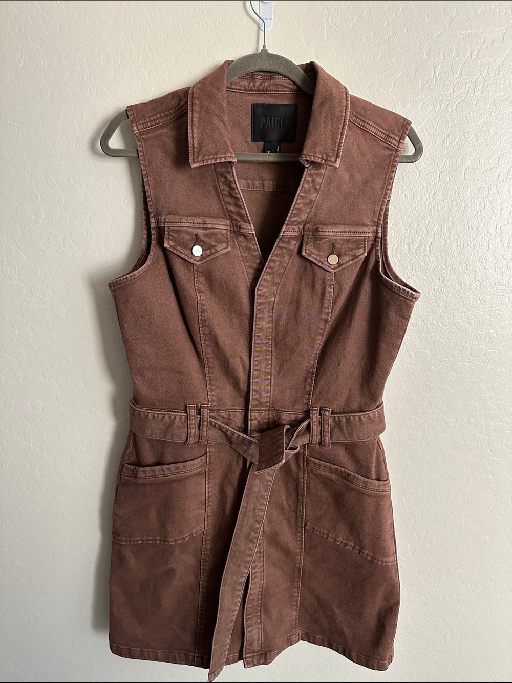 PAIGE Sleeveless Belted Utility Dress in Rust Brown